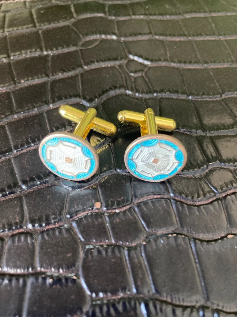 Vintage Russian Guilloché Enamel Cufflinks Turquoise White Melchior 🇨🇳